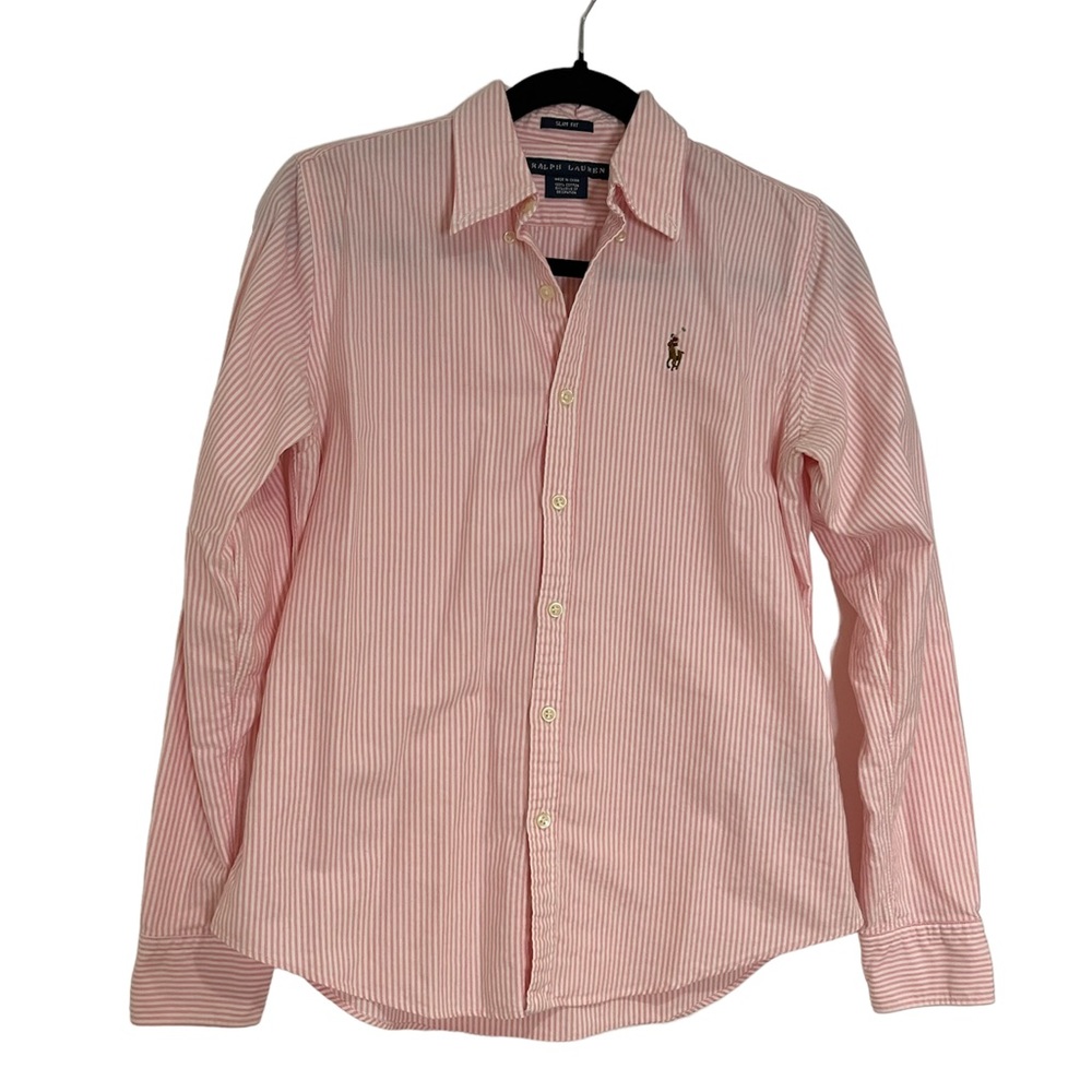 Ralph Lauren pink and white stripe button down, slim fit Size 6